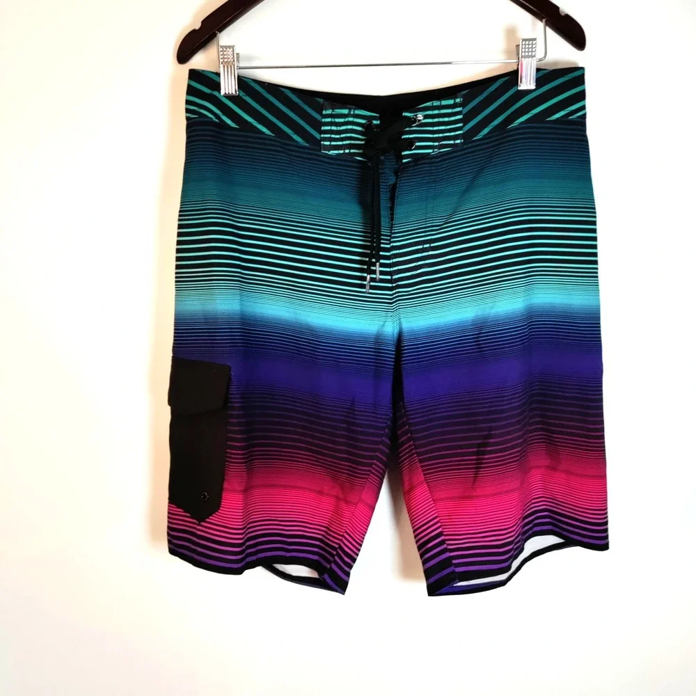 Hang Ten Board Ombre‎ Striped Tropical Lined Aloha Swim Surfboard Shorts Men 32